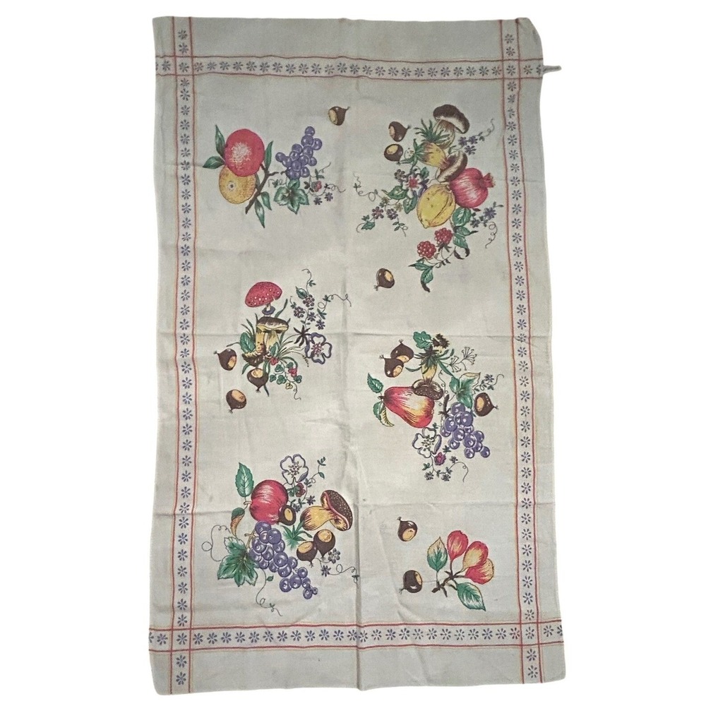 Vintage 80s Tea Towel Mushroom Fruit Botanical Cotton Cottagecore Farmhouse